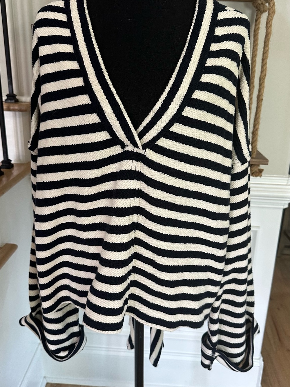 Free People Black & White Striped V-Neck Sweater